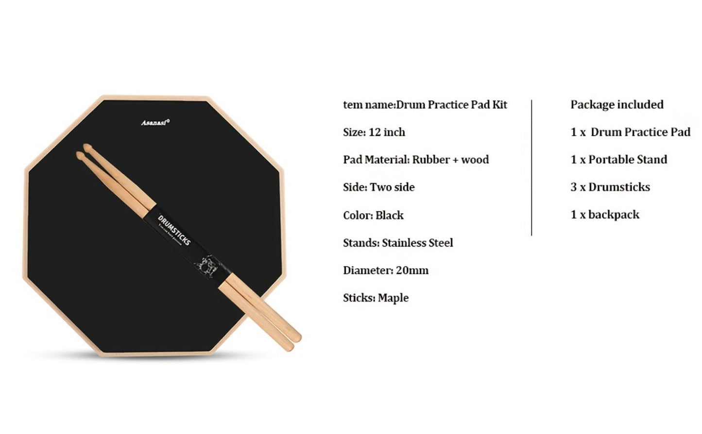 12-Inch Drum Practice Pad Set with Adjustable Snare Stand, Sticks and Bag detail image - detail view 12