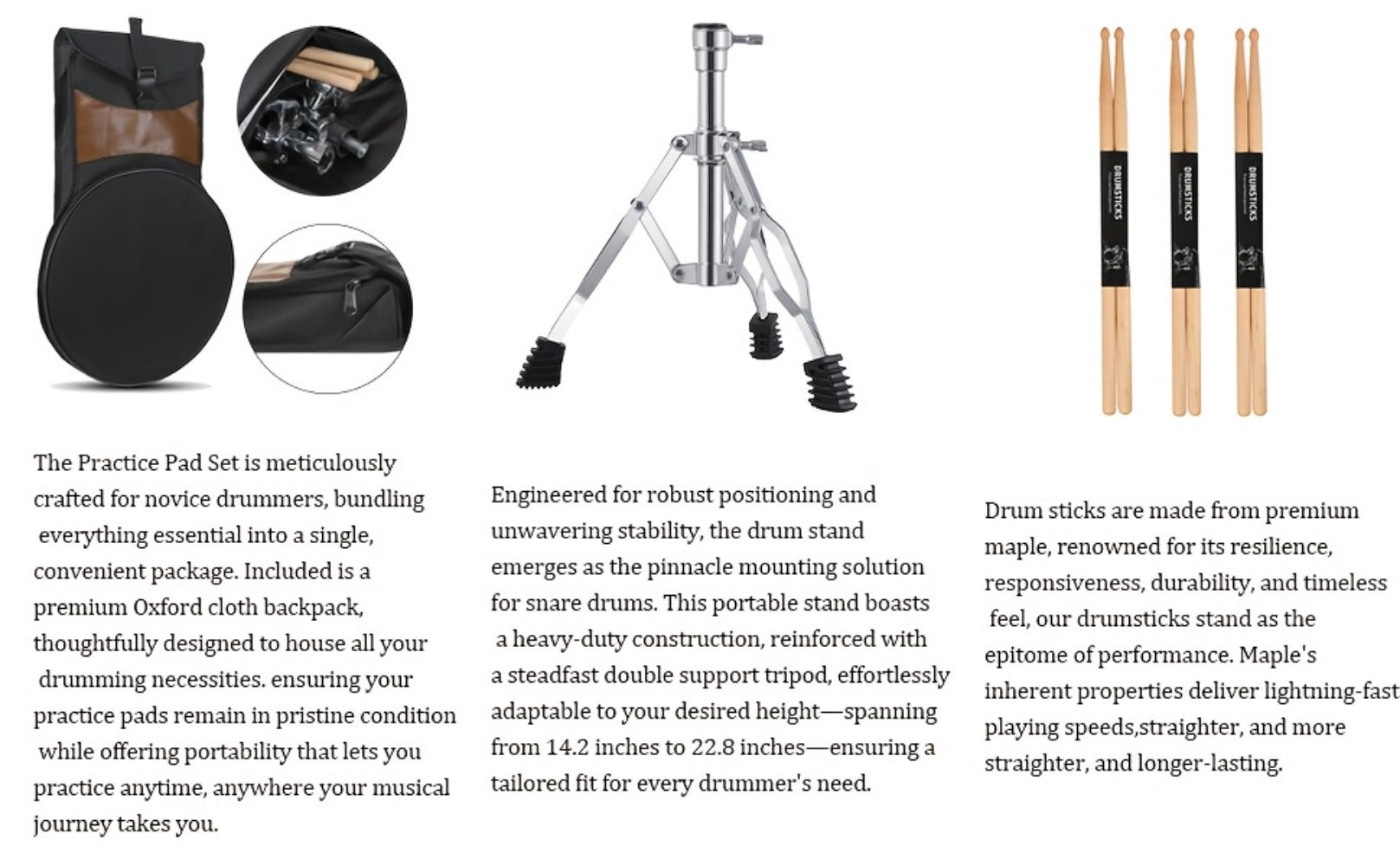 12-Inch Drum Practice Pad Set with Adjustable Snare Stand, Sticks and Bag detail image - detail view 13
