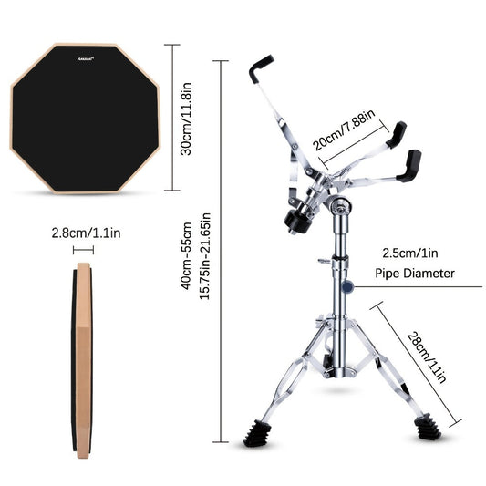 12-Inch Drum Practice Pad Set with Adjustable Snare Stand, Sticks and Bag detail image