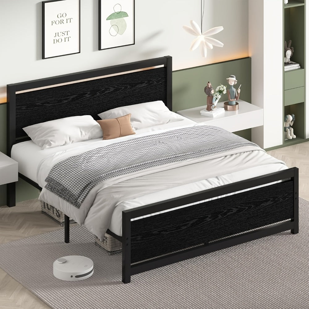 Bed Frames, Rustic Metal Bed Frame with Wooden Headboard - Steel Slats, 12" Under-Bed shown in the main product view