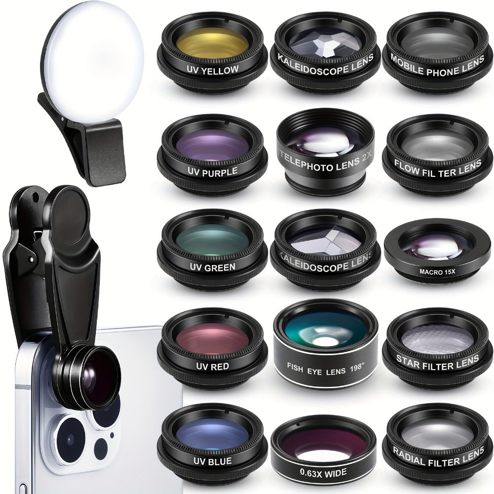 Sixteen-Piece Clip-On Phone Camera Lens Kit with Fisheye, Macro, Wide-Angle, CPL and Color Filters