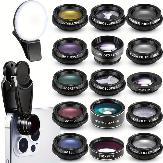 16-in-1 Phone Camera Lens Kit – Fisheye, Wide Angle, Macro, Kaleidoscope & CPL Clip-On Lenses + Selfie Light, Universal Smartphone Camera Upgrade for iPhone & Android, Travel & Content Creation