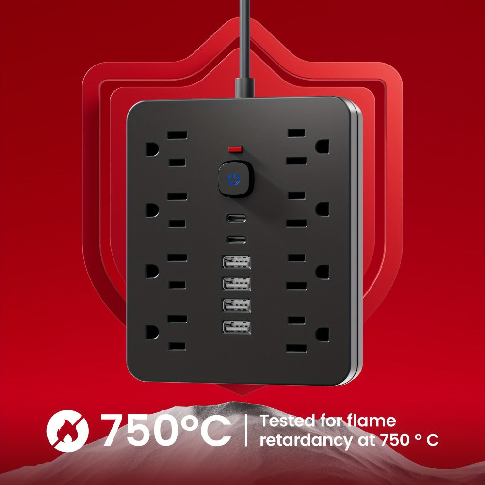 Power Strip Flat-Plug Wall-Mount 14-in-1 with 8 AC Outlets, 4 USB-A, 2 USB-C and 5- or 10-Foot Cord