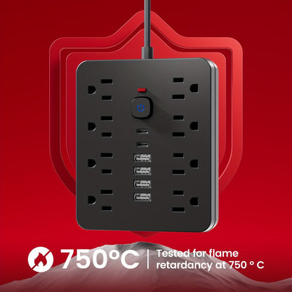 Power Strip Flat-Plug Wall-Mount 14-in-1 with 8 AC Outlets, 4 USB-A, 2 USB-C and 5- or 10-Foot Cord