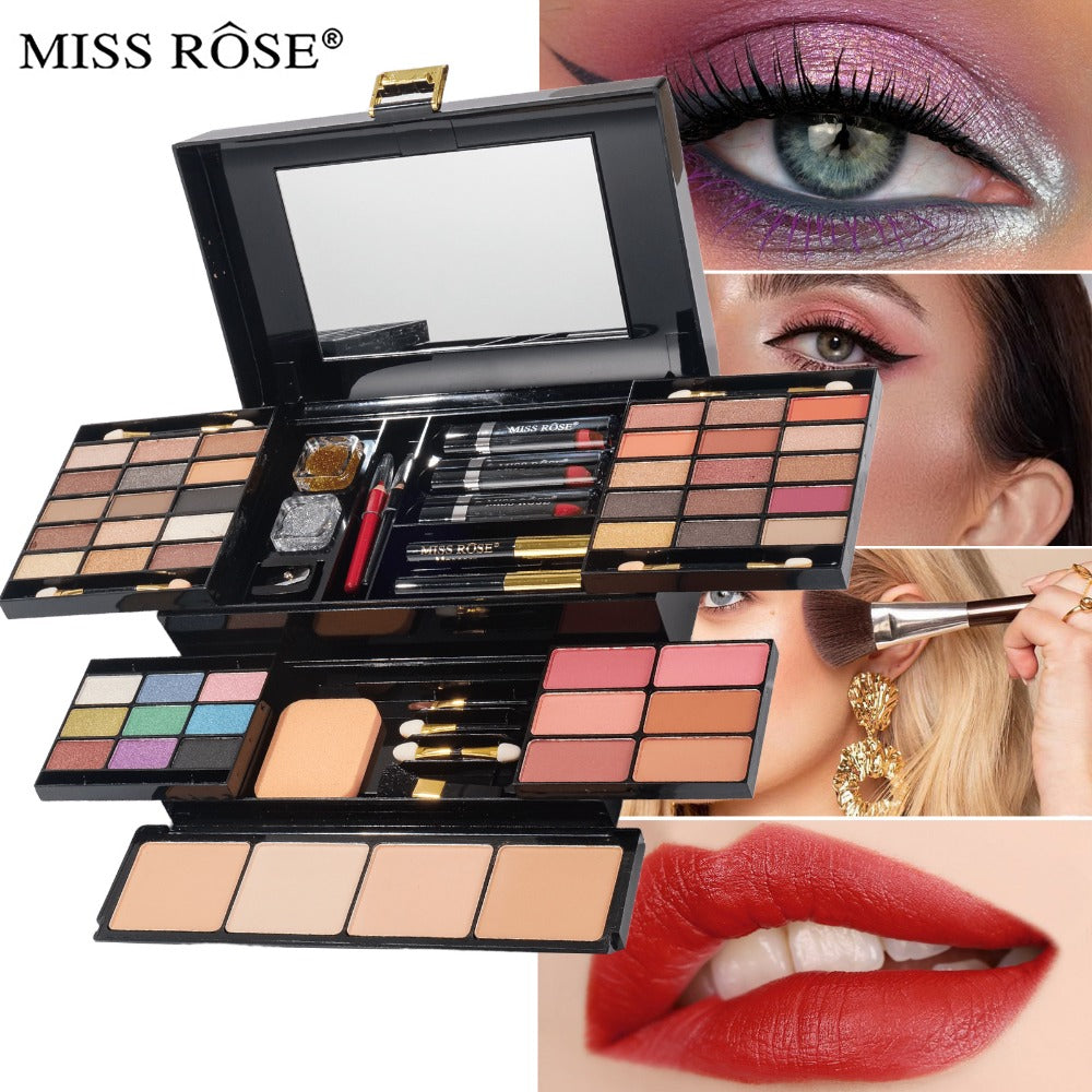 Makeup Kit 58-Color Black Mirror Case with Sliding Trays for Face, Eye and Lip Cosmetics plus Application Tools