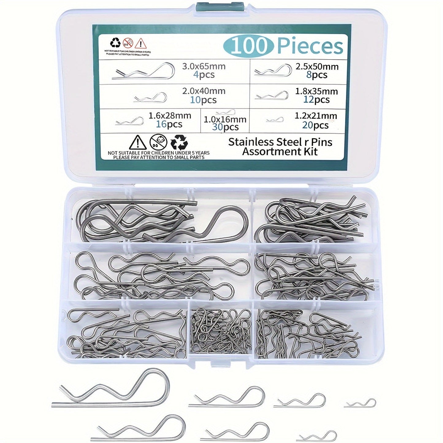 100-Piece 304 Stainless Steel R Cotter Pin Assortment in Seven Sizes with Clear Storage Case