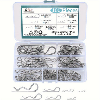 100-Piece 304 Stainless Steel R Cotter Pin Assortment in Seven Sizes with Clear Storage Case