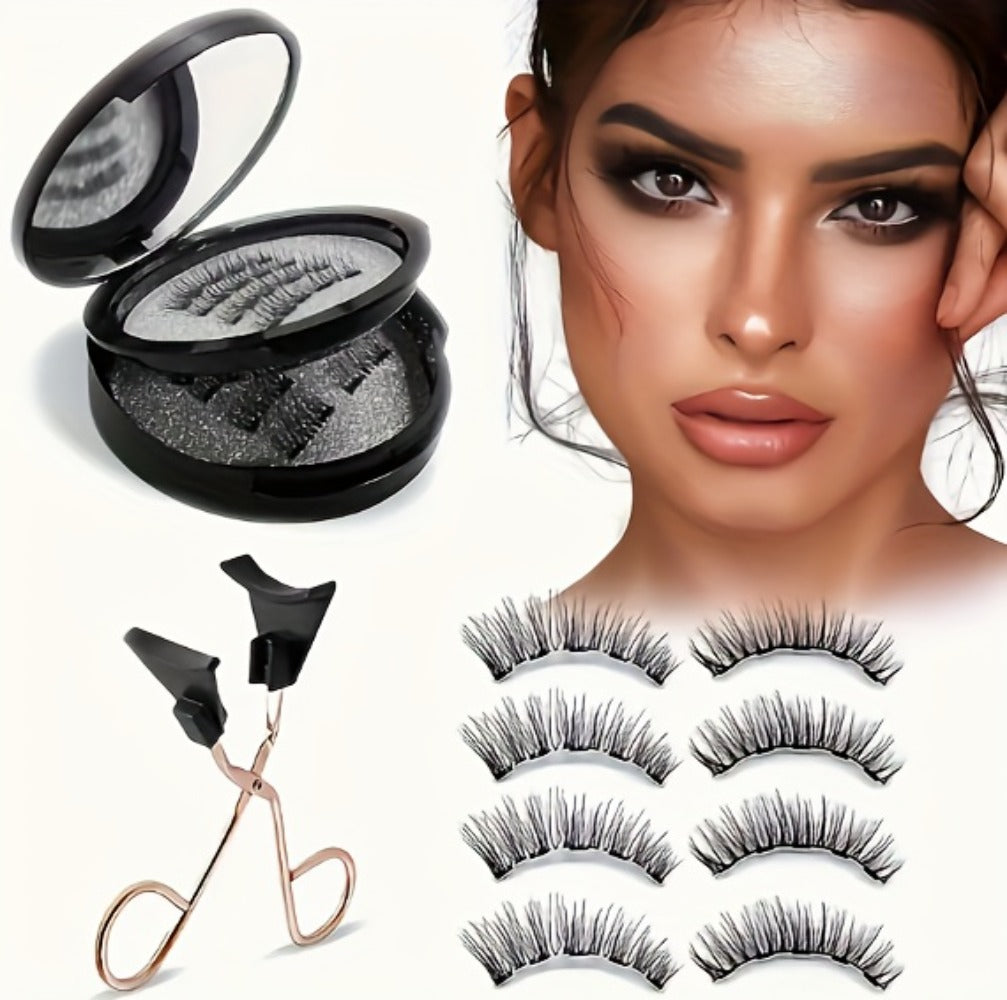 Magnetic False Eyelashes Kit with Eight Pairs, Round Storage Case and Metal Applicator Clip