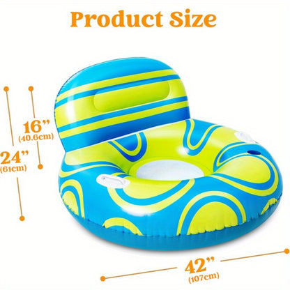 Inflatable Pool Float Sofa Chair with Backrest – Blow Up Floating Lounge Seat with Mesh Bottom, Cup Holder & Dual Handles for Adults Teens, Blue Yellow Pool Raft