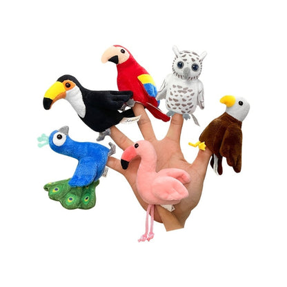 Six-Piece Bird Finger Puppet Set with Parrot, Peacock, Toucan, Flamingo, Owl and Eagle Designs
