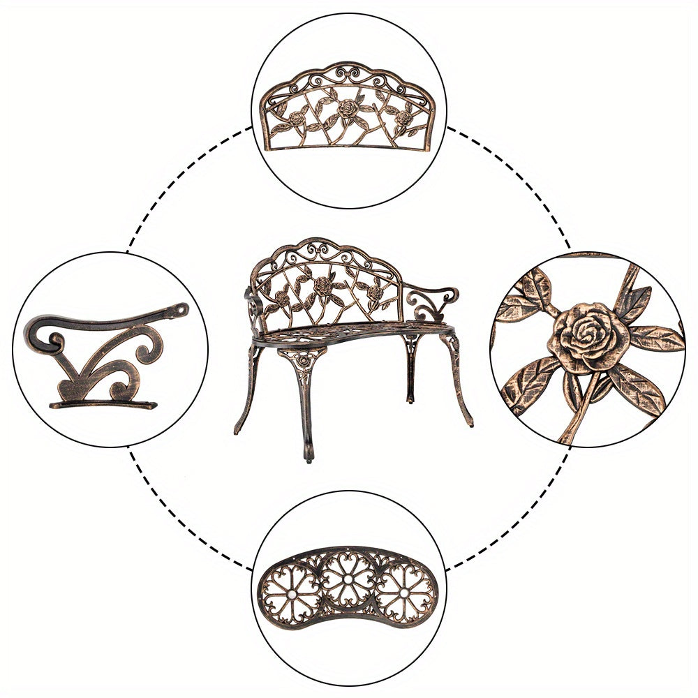 Floral Metal Outdoor Bench with 38.5in Rose-Pattern Seat and Back, Curved Arms and Four Color Options