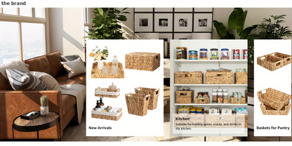 Seagrass & Water Hyacinth Storage Basket with Built-in Handles - Hand-Woven Square Wicker Bins for Bedroom Bathroom Pantry Shelves, Multiple Styles