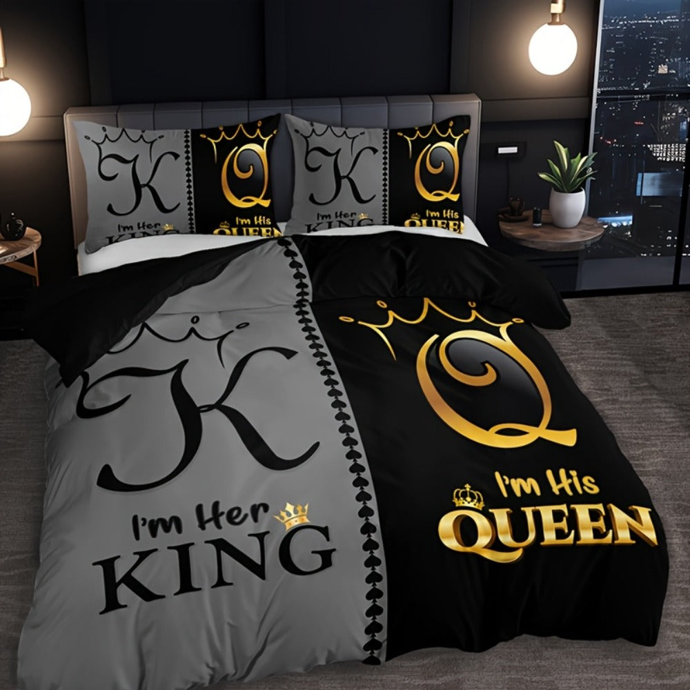 King and Queen Print Duvet Cover Set with Two Pillowcases, Three Styles and Four Bed Sizes