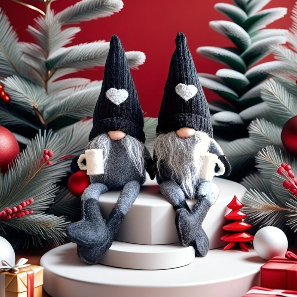 Sitting Gnome Figurine Set of Two with Long Heart-Accent Hats in Black, Khaki or Red Style Options