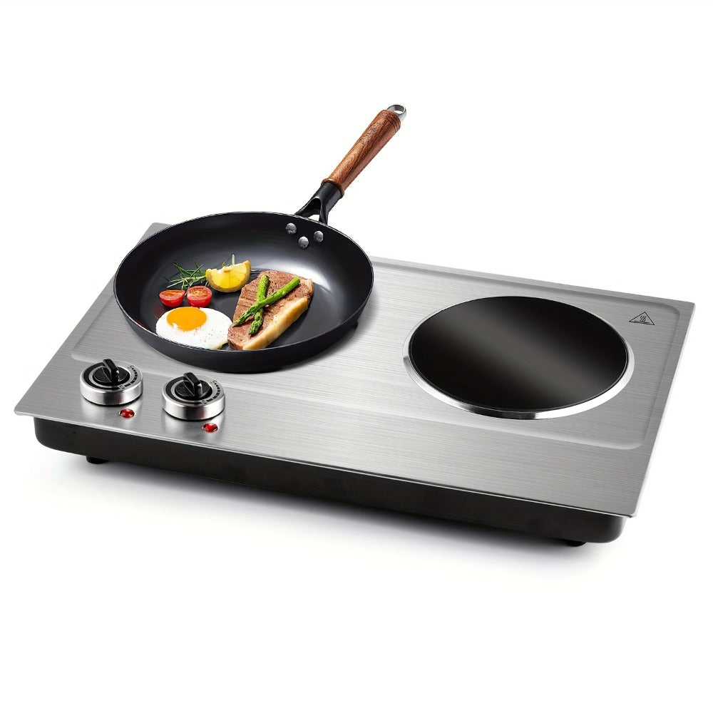 Electric Infrared Cooktop Double Burner Hot Plate – 1800W Portable Dual Temperature Control, Easy-Clean Smooth Surface, Countertop Infrared Stove for Home Kitchen & Dorm, Black or Silver