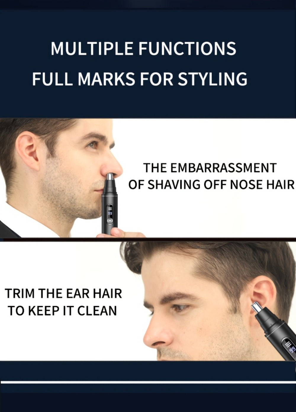 Rechargeable Nose, Ear and Eyebrow Hair Trimmer with LED Display in Two Exact Checkout Configurations