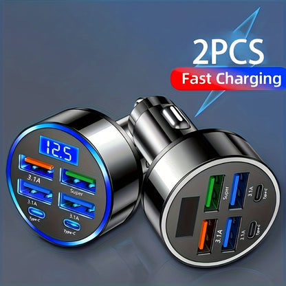 6-in-1 Car Charger 2-Pack with Ambient Light & Voltage Display – Dual PD Fast Charge + QC3.0 + 4 USB Ports Matte Finish – Multi Port USB Car Charger for iPhone 15 14 13 Samsung Android 12V 24V