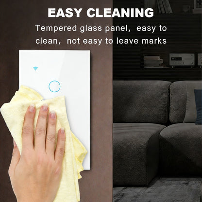 White Glass WiFi and Bluetooth Touch Wall Switch with One- to Four-Gang US-Style Options and Neutral-Wire Wiring