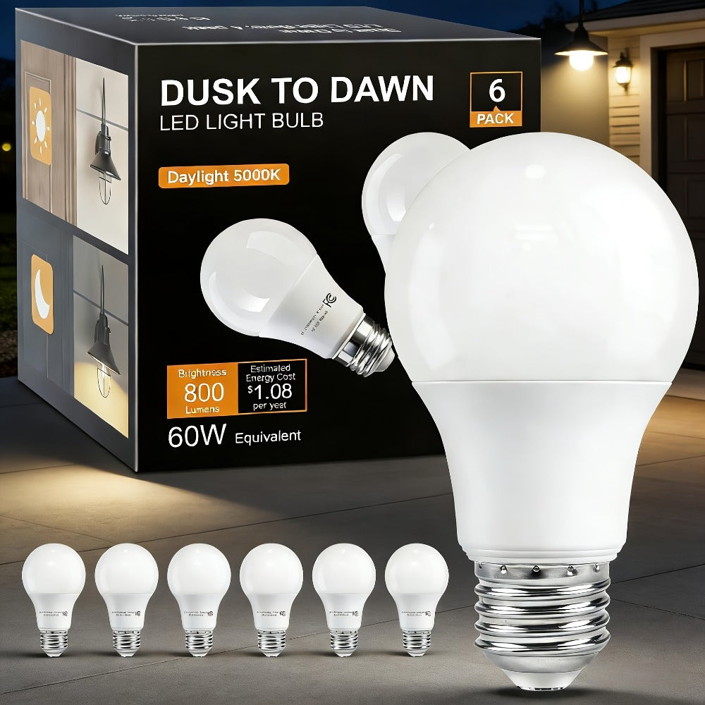 Dusk-to-Dawn A19 LED Sensor Bulbs, 9 W and 800 Lumens with E26 Base in 2700 K or 5000 K, Six-Pack