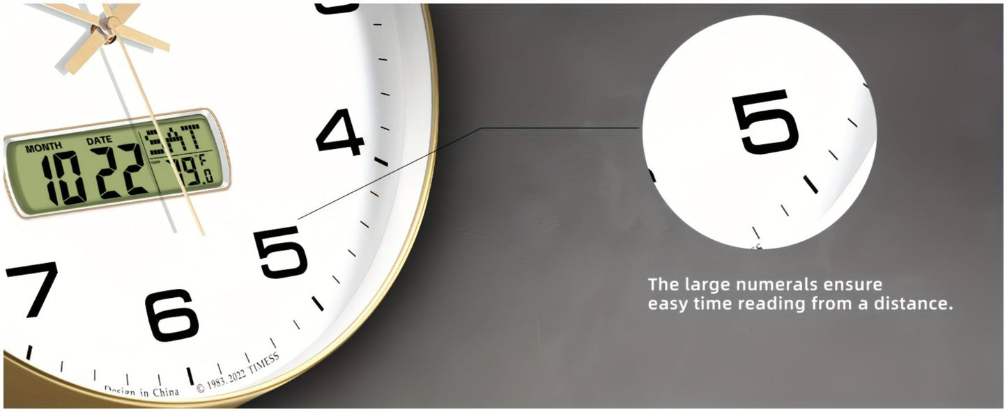 Round Analog Wall Clock with LCD Calendar and Temperature Window, Four Colors and 10- or 12-Inch Sizes