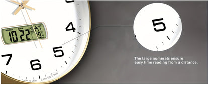 Round Analog Wall Clock with LCD Calendar and Temperature Window, Four Colors and 10- or 12-Inch Sizes