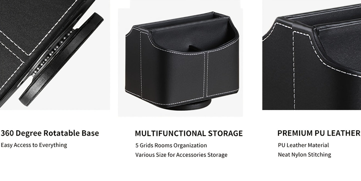 360° Swivel Remote Control Holder with 5 Compartments – PU Leather Desktop Organizer Caddy for TV Remotes, Phones, Glasses, Cosmetics & Stationery, Rotating Storage Box for Home Office Nightstand