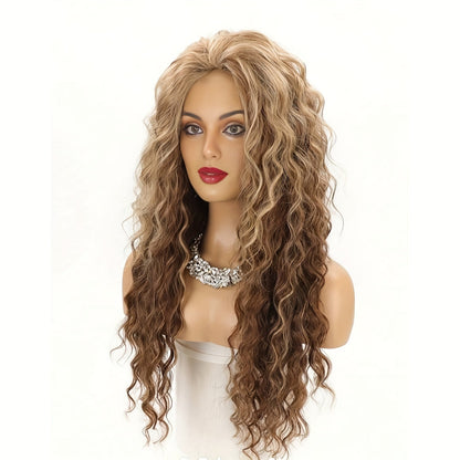 Synthetic Wig 30-Inch Long Curly Waves with Dark Roots, Middle Part and Three Ombre Colors