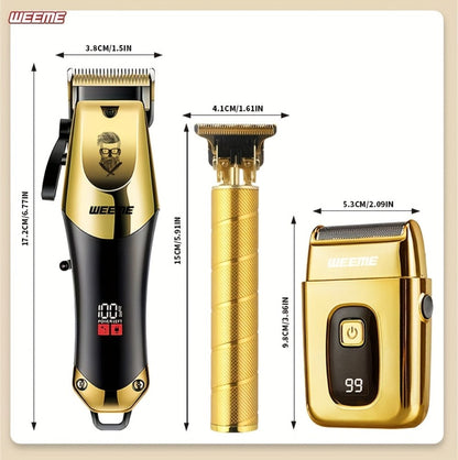 Professional Hair Clipper Set for Men – 3pcs Golden Cordless Kit with Beard Trimmer & T-Blade Trimmer, Hair Cutting & Styling Tools, Ideal Birthday & Father’s Day Gift for Men