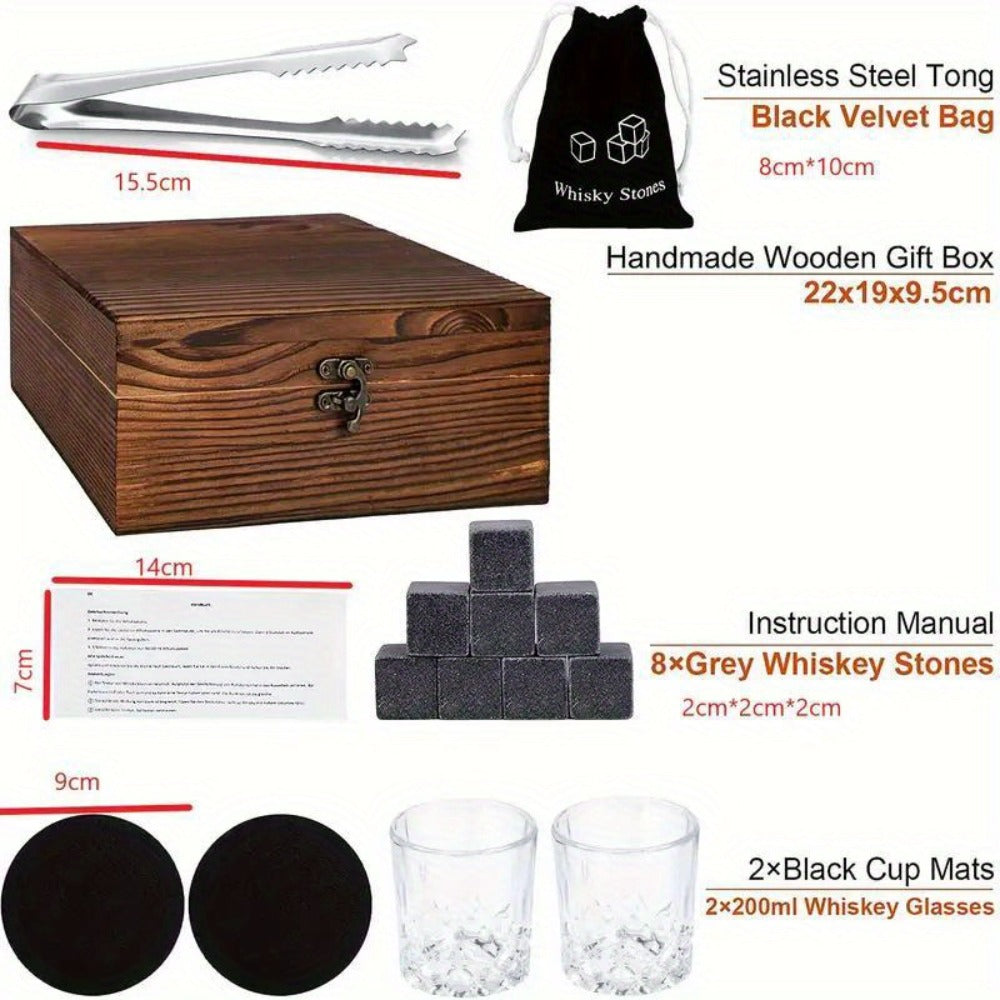 Whisky & Wine Glass Set with Cooling Stones, Ice Tong & Bartender Kit – Portable Bar Accessories for Luxurious Drinking Experience, No Electricity Needed