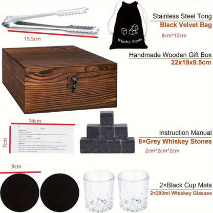 Whisky & Wine Glass Set with Cooling Stones, Ice Tong & Bartender Kit – Portable Bar Accessories for Luxurious Drinking Experience, No Electricity Needed