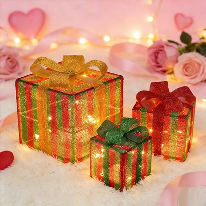 Three-Piece Lighted Gift Box Decoration Set with LED String Lights, Bow Handles and Four Holiday Style Options