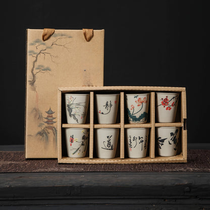 8pcs Chinese Ceramic Tea Cup & Saucer Set, Porcelain Kung Fu Tea Set for Tea Lovers, Wedding Favors, Cultural Gifts