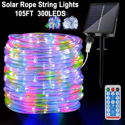 Solar Rope Lights Outdoor – Waterproof Fairy String Lights with Remote Control 8 Modes 1200mAh Battery for Garden Patio Fence Tree Wedding Party – Multicolor Cold White Purple Yellow – 49-115FT