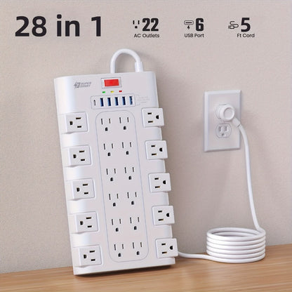 Heavy Duty 28-in-1 Surge Protector Power Strip, 22 AC Outlets & 6 USB Ports (1 USB-C), 5ft Extension Cord, Charging Station for Home Office Tool Room Desk – Overload Protection, 2500W
