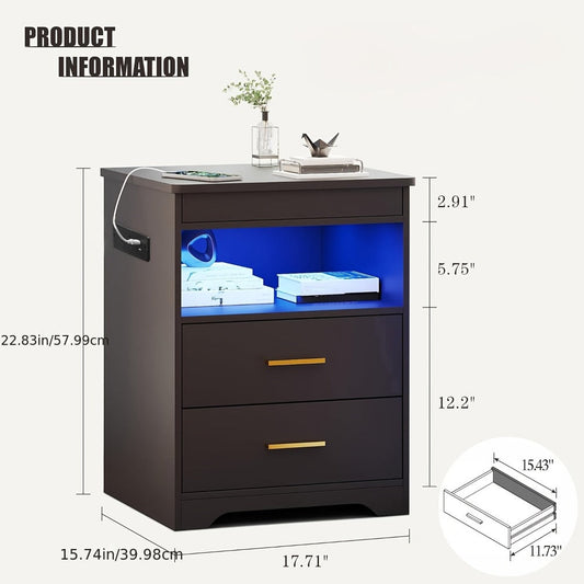 LED Nightstand with Charging Station & Hidden Drawer – 16-Color RGB Ambient Light, Open Storage Shelf, Modern Bedside Table for Bedroom Teen Guest Room Small Space, Black or White
