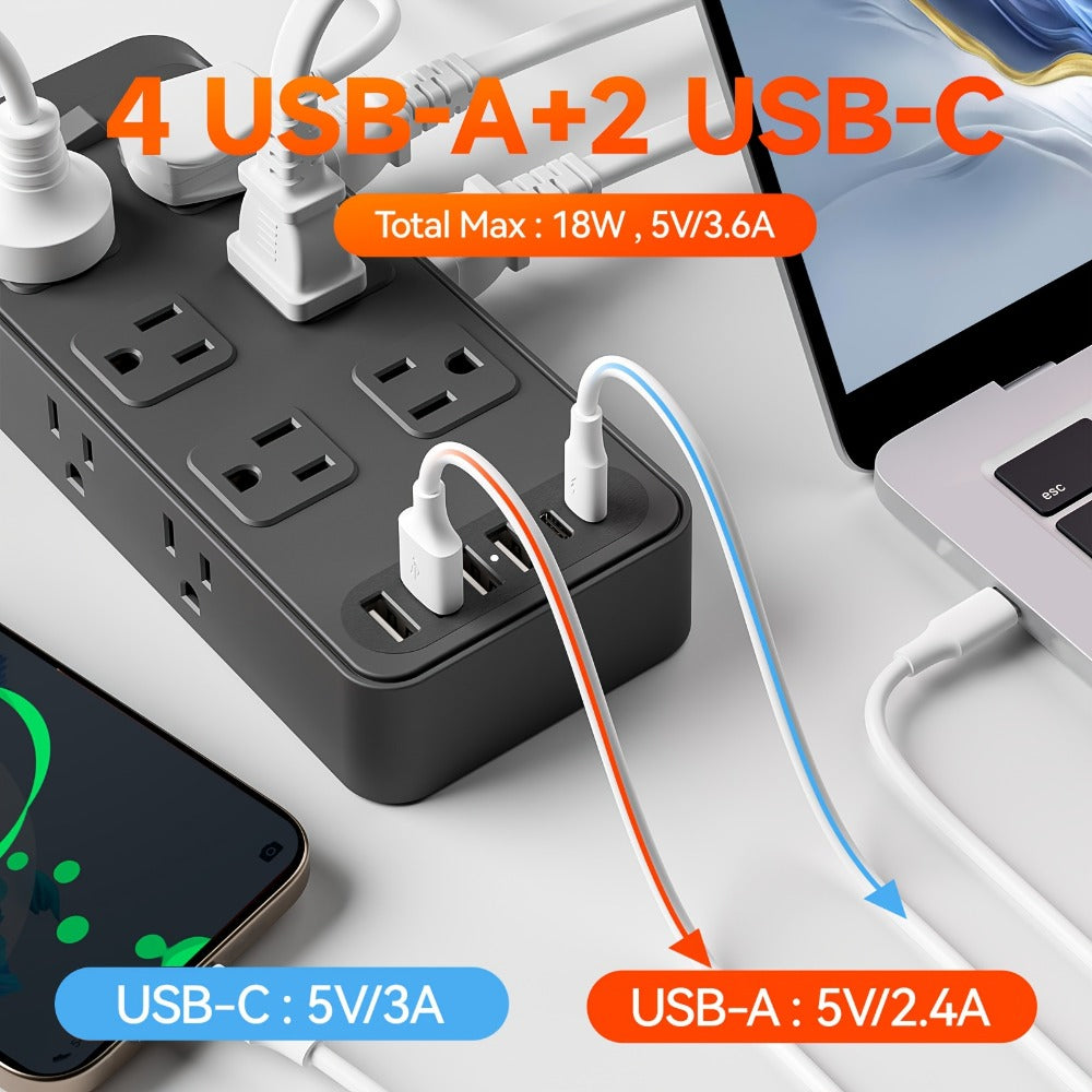 Power Strip Flat Plug 18-in-1 Surge Protector with 12 AC Outlets, 4 USB-A, 2 USB-C and 5- or 10-Foot Cord