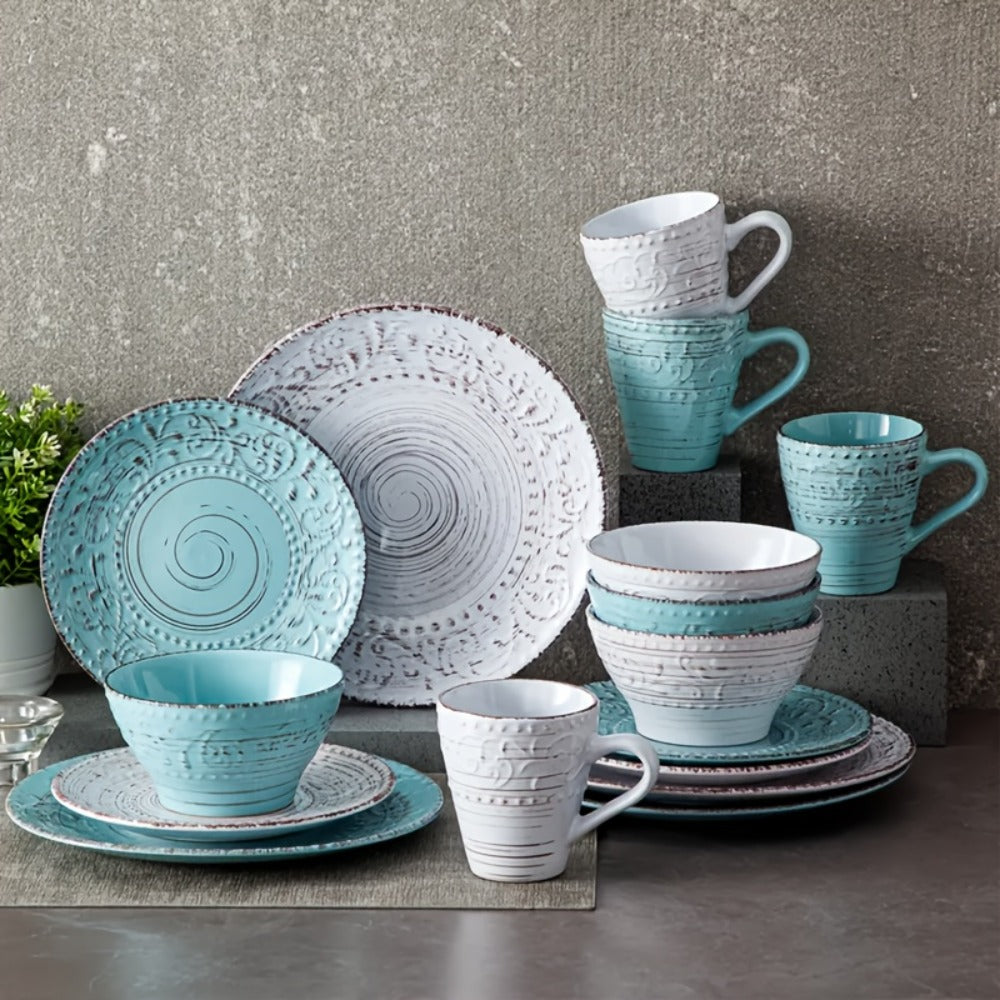 Sixteen-Piece Ceramic-Style Dinnerware Set for Four in White-Blue or Milky-White Coffee Colors