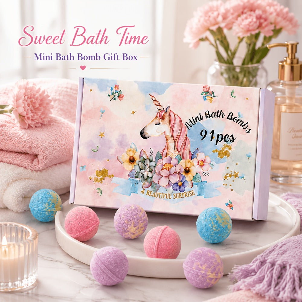 Bath Bombs, 91-Piece Mini Fizzer Set with 15g Round Pieces, Three Labeled Scents and Random Assorted Colors