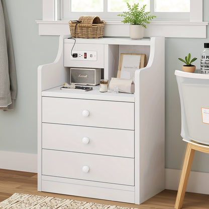 Nightstand 3-Drawer Hutch with Two AC Outlets, Two USB Ports and Gray or White Bedroom Finish