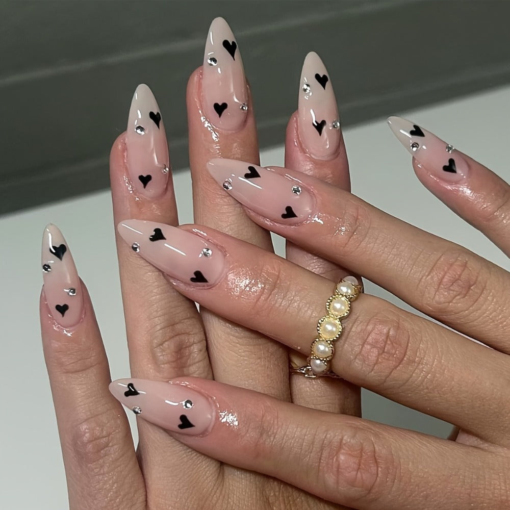 Press On Nails 144-Piece Short Almond Set with Pink Flowers, Rhinestones, Black French Tips and Glue