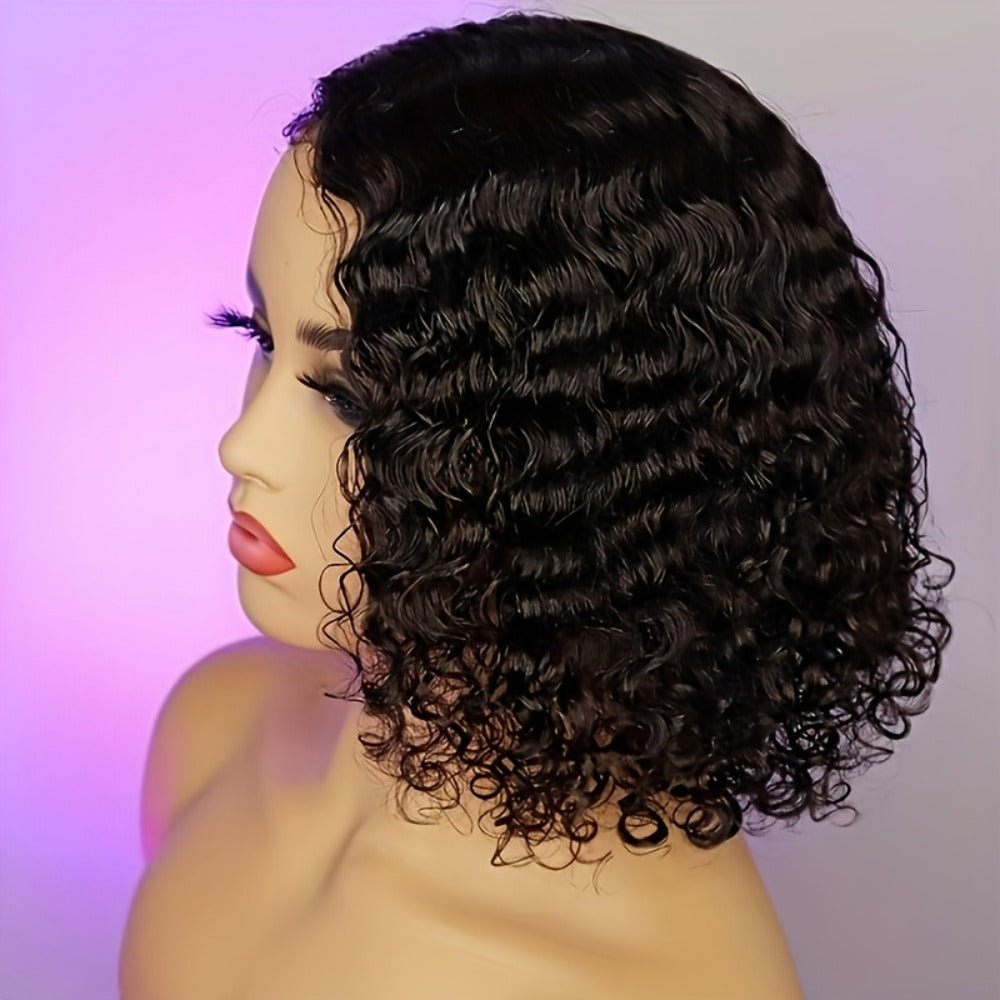 Short Water-Wave Synthetic Lace-Front Bob Wig with Deep Curls, Black Color and 14-Inch Length