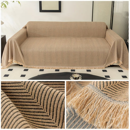Sofa Cover 71-Inch Herringbone Jacquard Woven Throw with Tassel Fringe in Grey, Coffee, Green or Blue