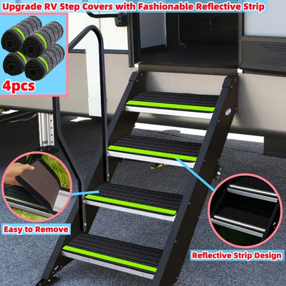 RV Step Covers Non-Slip Reflective – Durable Polyester Camping Rug Set for Travel Trailer, Motorhome & Outdoor Adventures, 2 or 4 Pack, Black