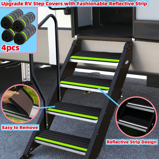 RV Step Covers Non-Slip Reflective – Durable Polyester Camping Rug Set for Travel Trailer, Motorhome & Outdoor Adventures, 2 or 4 Pack, Black