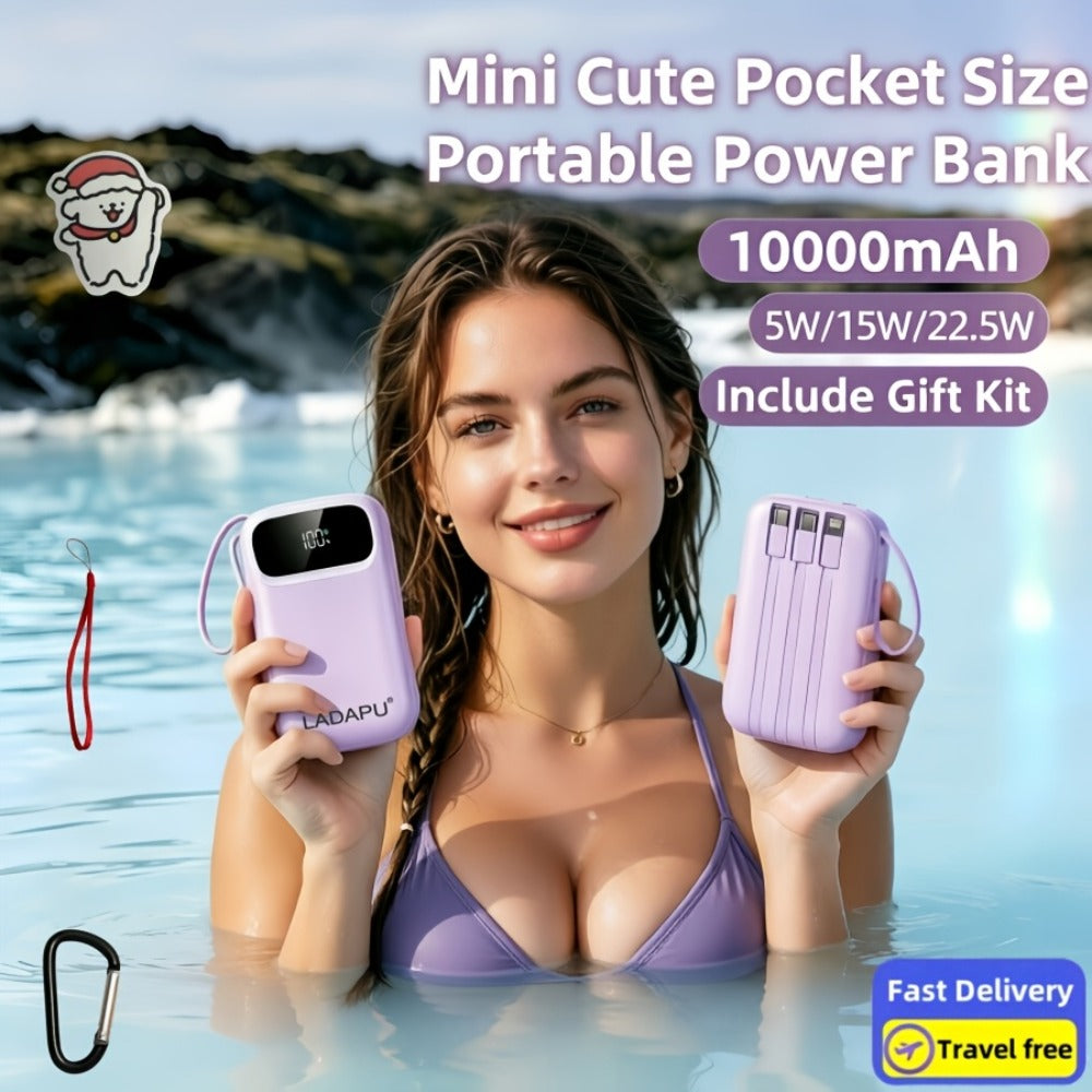 Power Bank 10000mAh with Three Built-In Cables, 5W/15W/22.5W Options, Digital Display and Lanyard