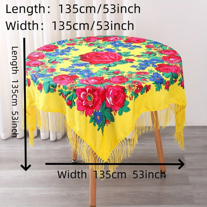 Tablecloth Square 53-Inch Floral Cover with Tassel Trim, Polyester Fabric and Six Color Options