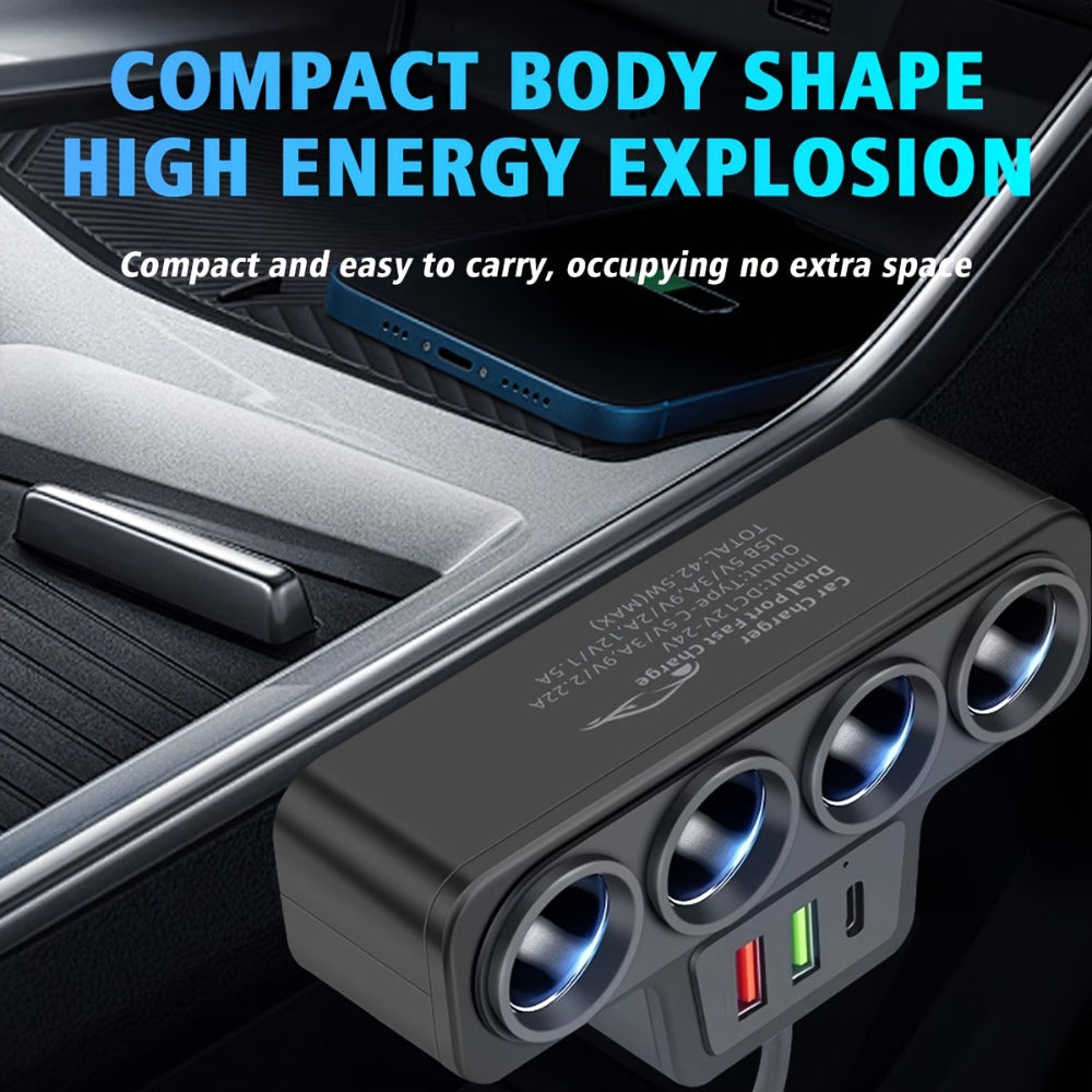 Car Power Splitter with Four 12V Sockets, USB-C, Dual USB-A and 72cm Cord for 12V/24V Vehicles