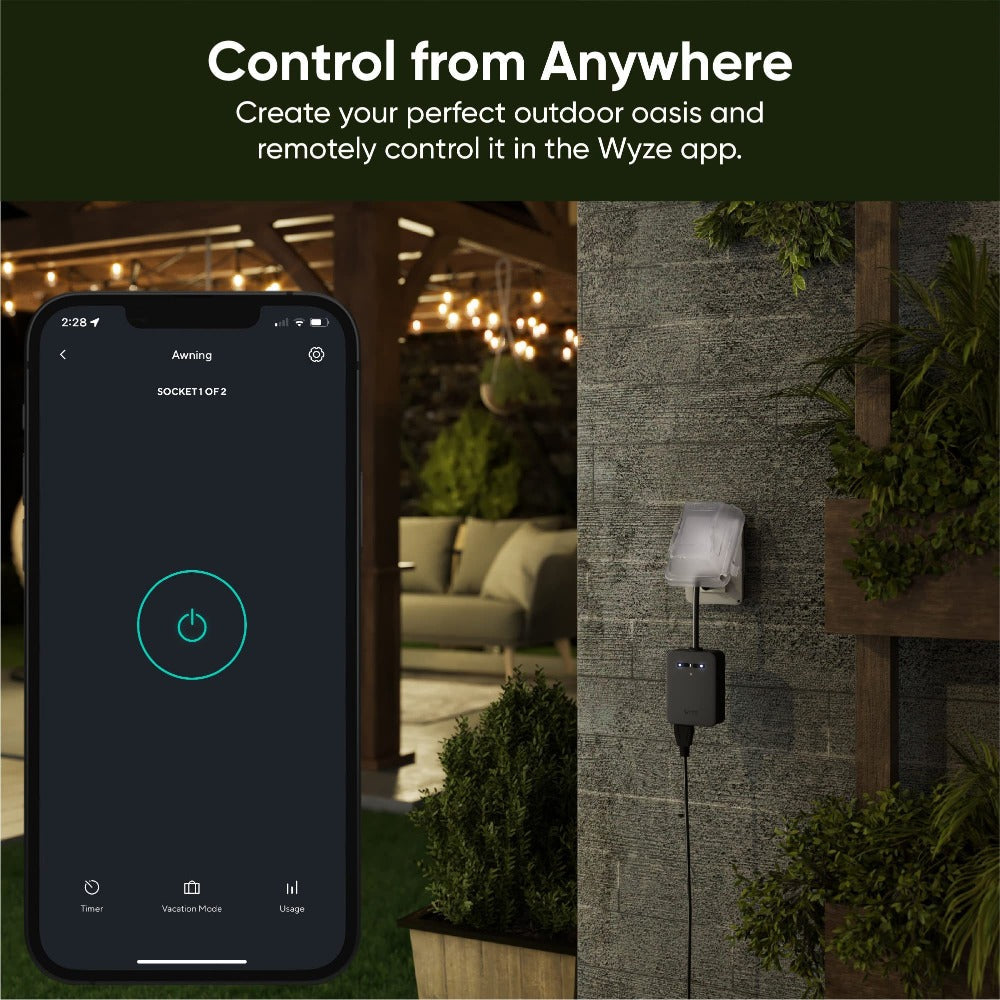 Wyze Outdoor Smart Plug Dual Independent Outlets – WiFi, Energy Monitoring, Built-in Light Sensor, 300ft Range, Works with Alexa & Google, IFTTT, Vacation Mode, No Hub, Weatherproof (Black)