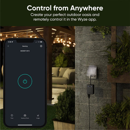 Wyze Outdoor Smart Plug Dual Independent Outlets – WiFi, Energy Monitoring, Built-in Light Sensor, 300ft Range, Works with Alexa & Google, IFTTT, Vacation Mode, No Hub, Weatherproof (Black)