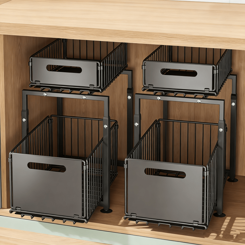 Two-Tier Under-Sink Cabinet Organizer with Sliding Metal Baskets in One- or Two-Piece Options
